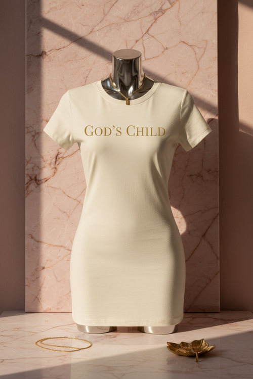 Cream fitted tee with gold God's Child lettering on blush background