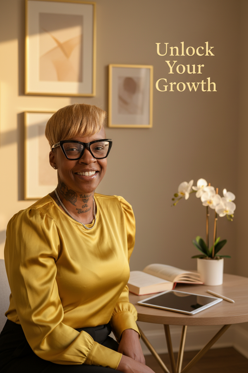 Haus of Growth founder in gold satin top in warm boutique setting - Unlock Your Growth ebook