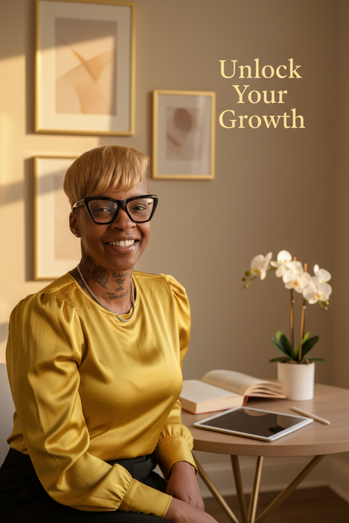 Haus of Growth founder in gold satin top in warm boutique setting - Unlock Your Growth ebook