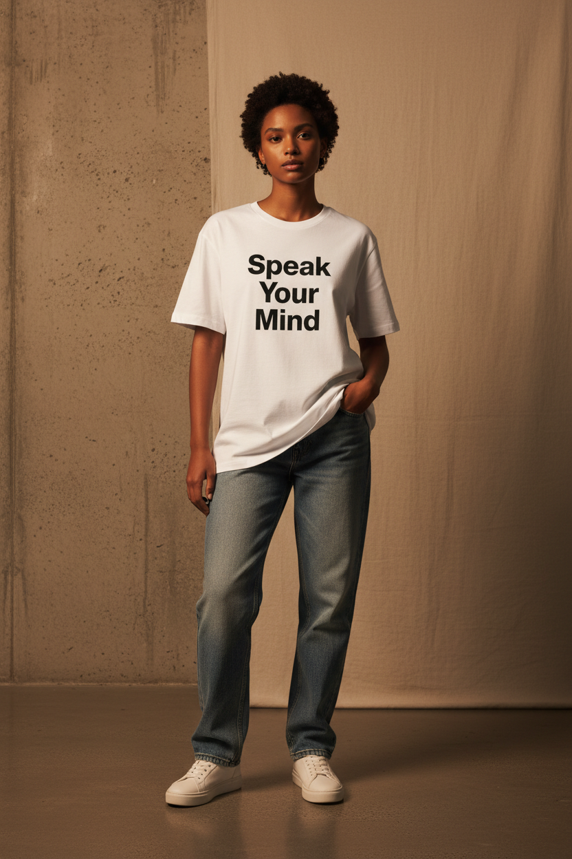 Unisex oversized white tee with bold Speak Your Mind typography in boutique editorial setting